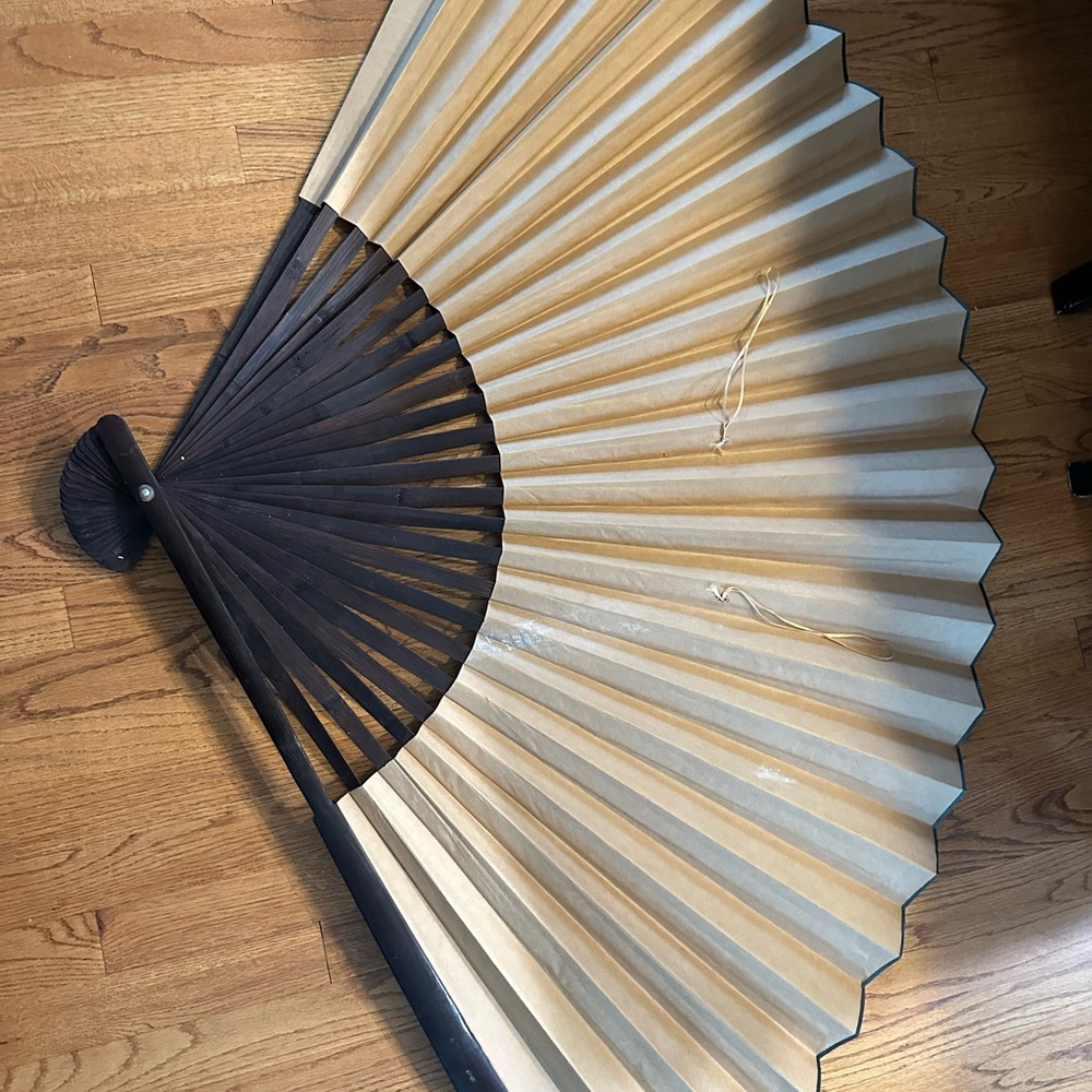 Vintage Asian Hand Painted Birds, Gilded Gold,  Large Fold Out Fan, Wall Art